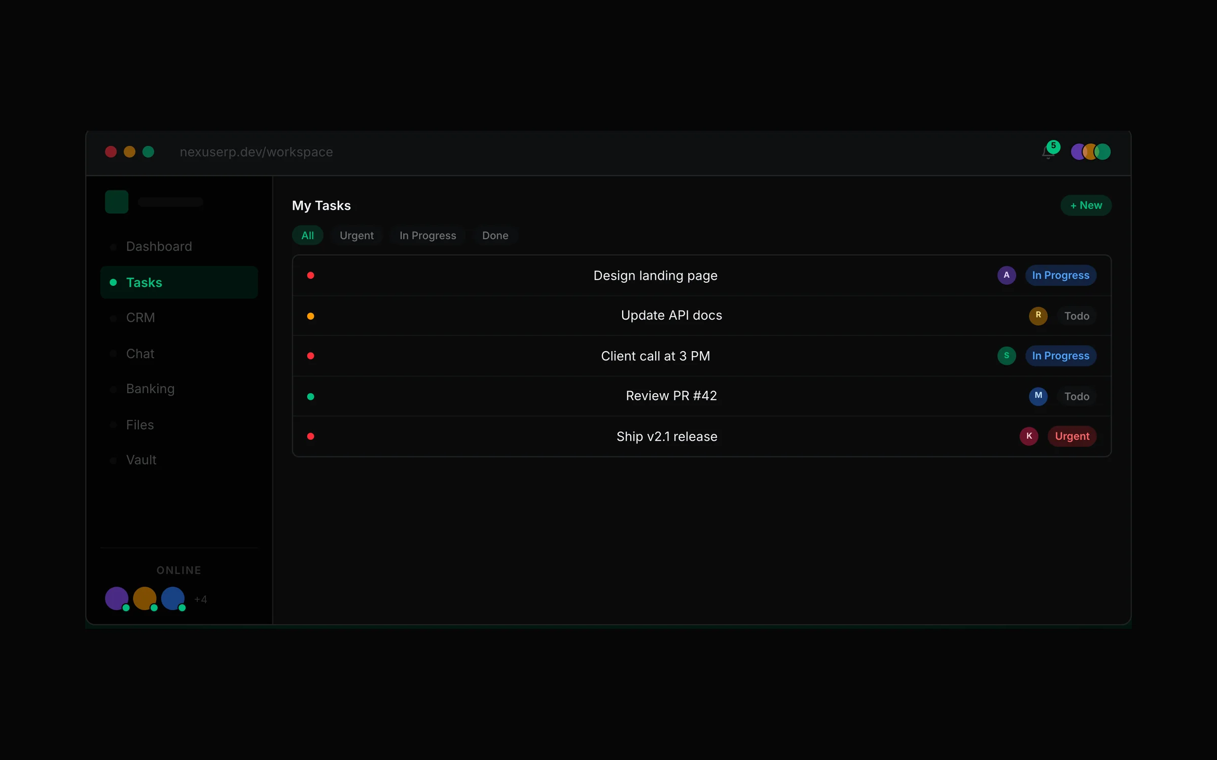 The Nexus ERP workspace: a sidebar of Dashboard, Tasks, CRM, Chat, Banking, Files and Vault beside a My Tasks list with status and assignee against each row.