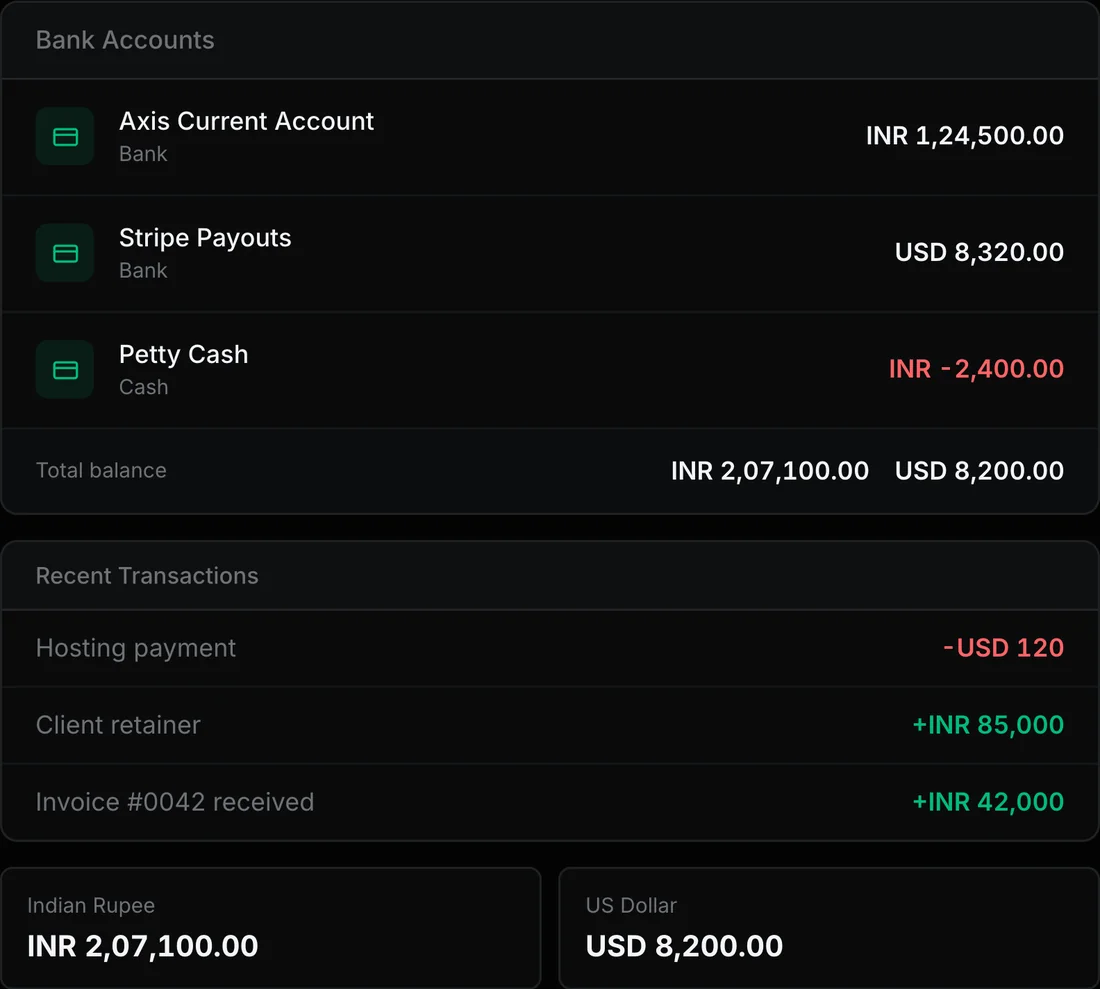 Nexus ERP banking: bank and cash accounts in rupees and dollars with a combined balance, and a list of recent transactions.