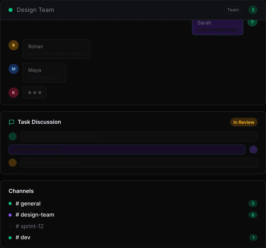 Nexus ERP chat: a team channel with member avatars, a task discussion marked In Review, and a channel list with unread counts.